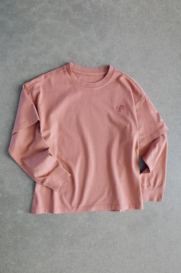 EMBROIDERED LOGO LAYERED SLEEVE T-SHIRT — Pink 1
