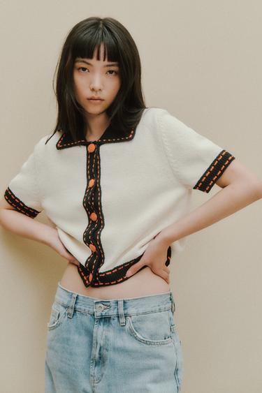 스티치 니트 반소매 재킷 - Zara 크림