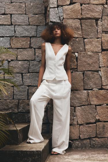 Zara V-NECK VEST WITH LINEN ZW COLLECTION - Ecru