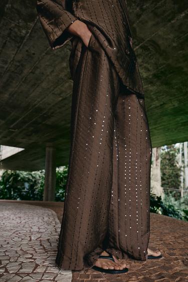 PANTALON FLUIDE À PAILLETTES - Marron de Zara - Image 2