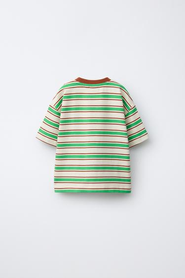 T-SHIRT À RAYURES ET LOGO BRODÉ - Écru / Vert de Zara - Image 1
