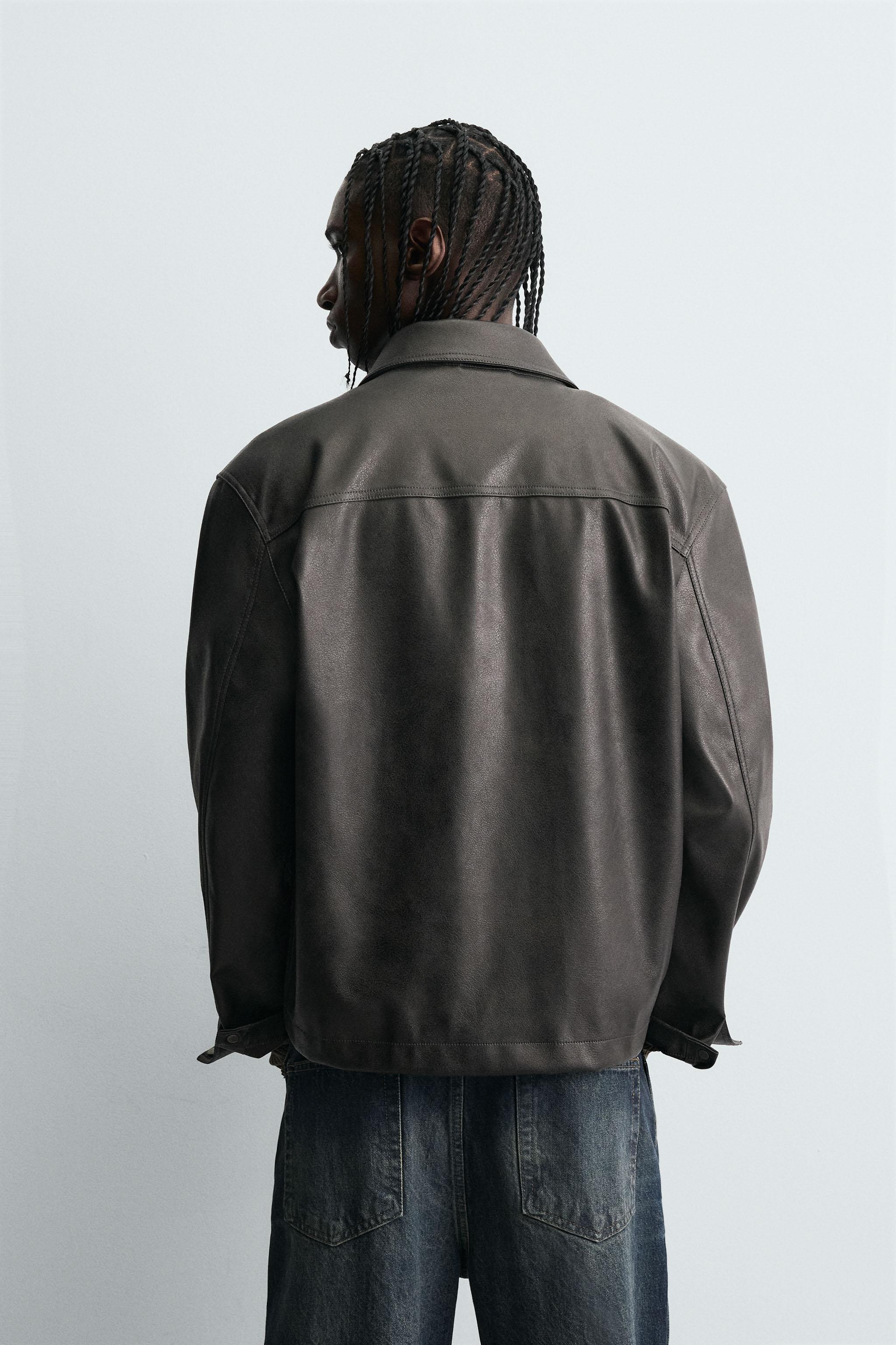 WASHED FAUX LEATHER OVERSHIRT