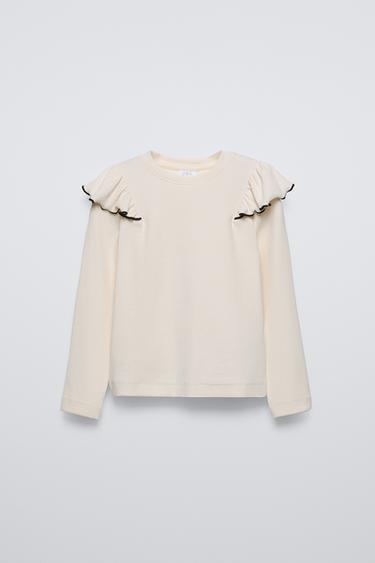 Zara RUFFLED RIBBED T-SHIRT - Ecru
