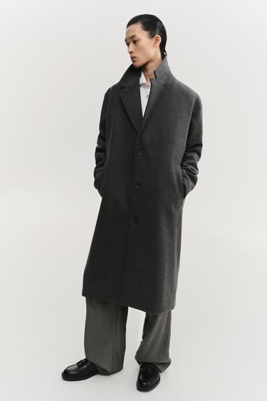 WOOL HERRINGBONE TEXTURED COAT - Anthracite Grey by Zara