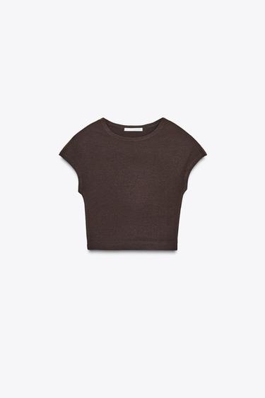 COTTON MODAL CROP T-SHIRT - Brown by Zara