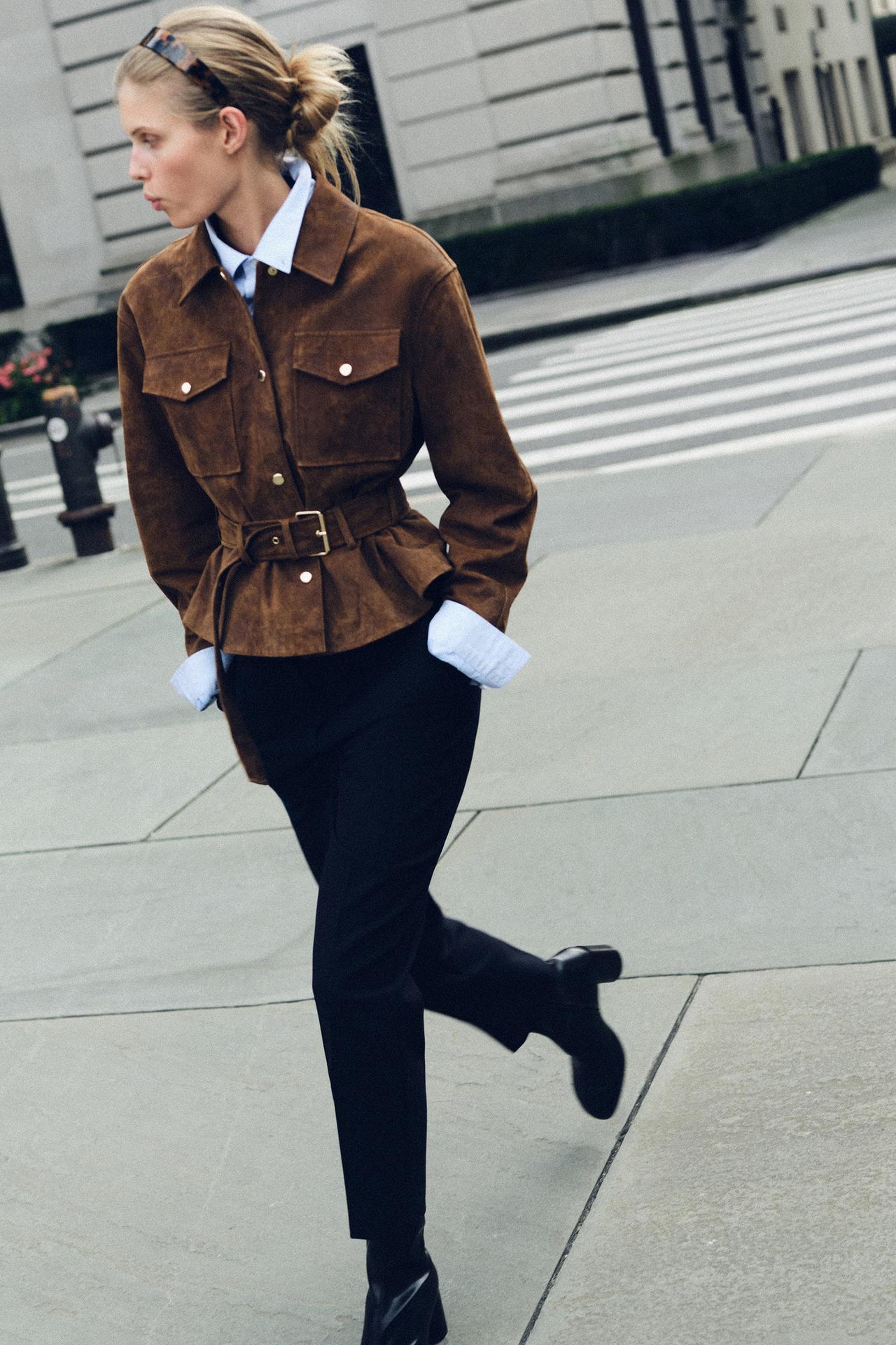 100% LEATHER BELTED JACKET — Light brown