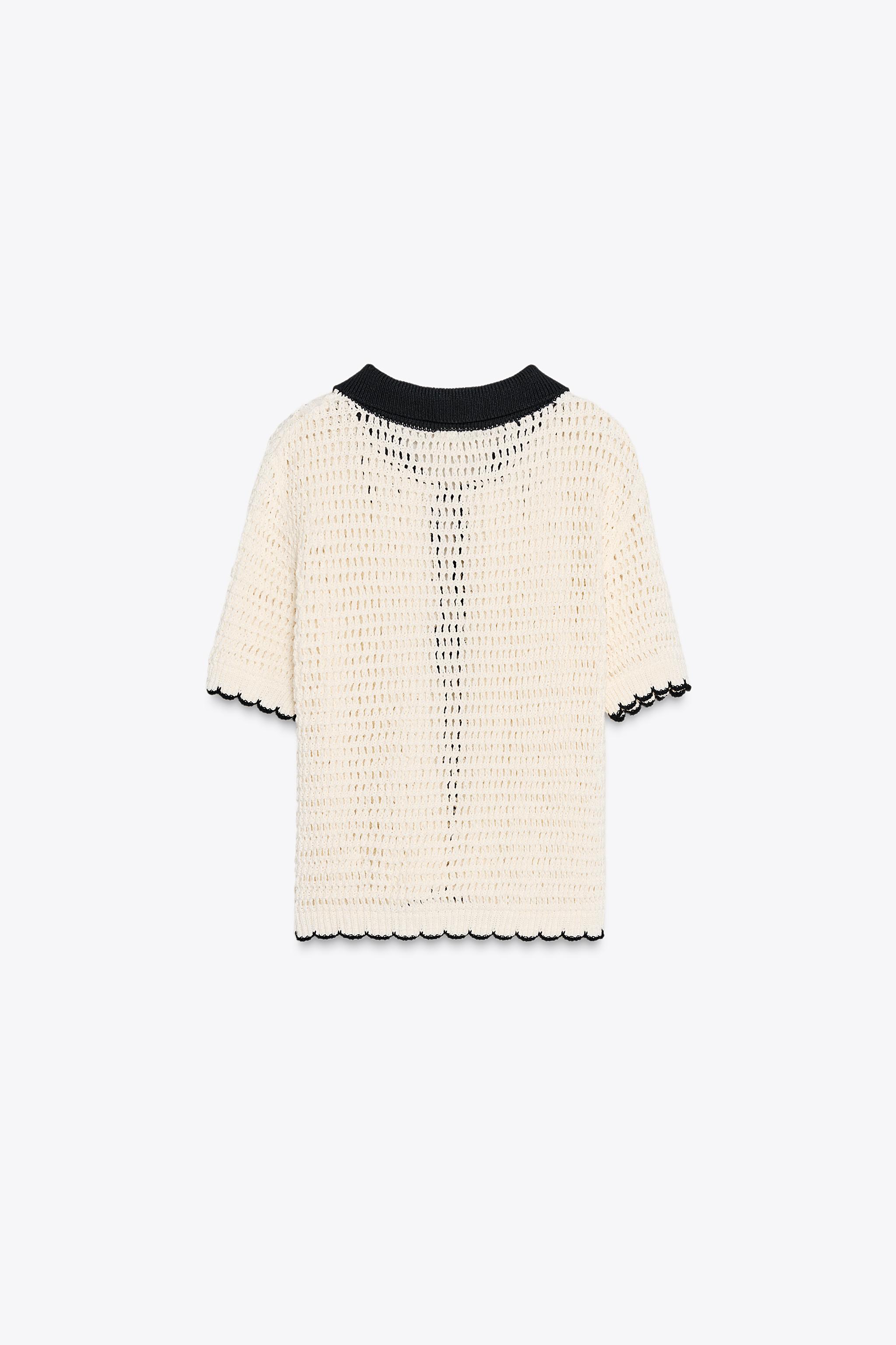 CROCHET POLO COLLAR TOP - Ecru / Black | ZARA United States