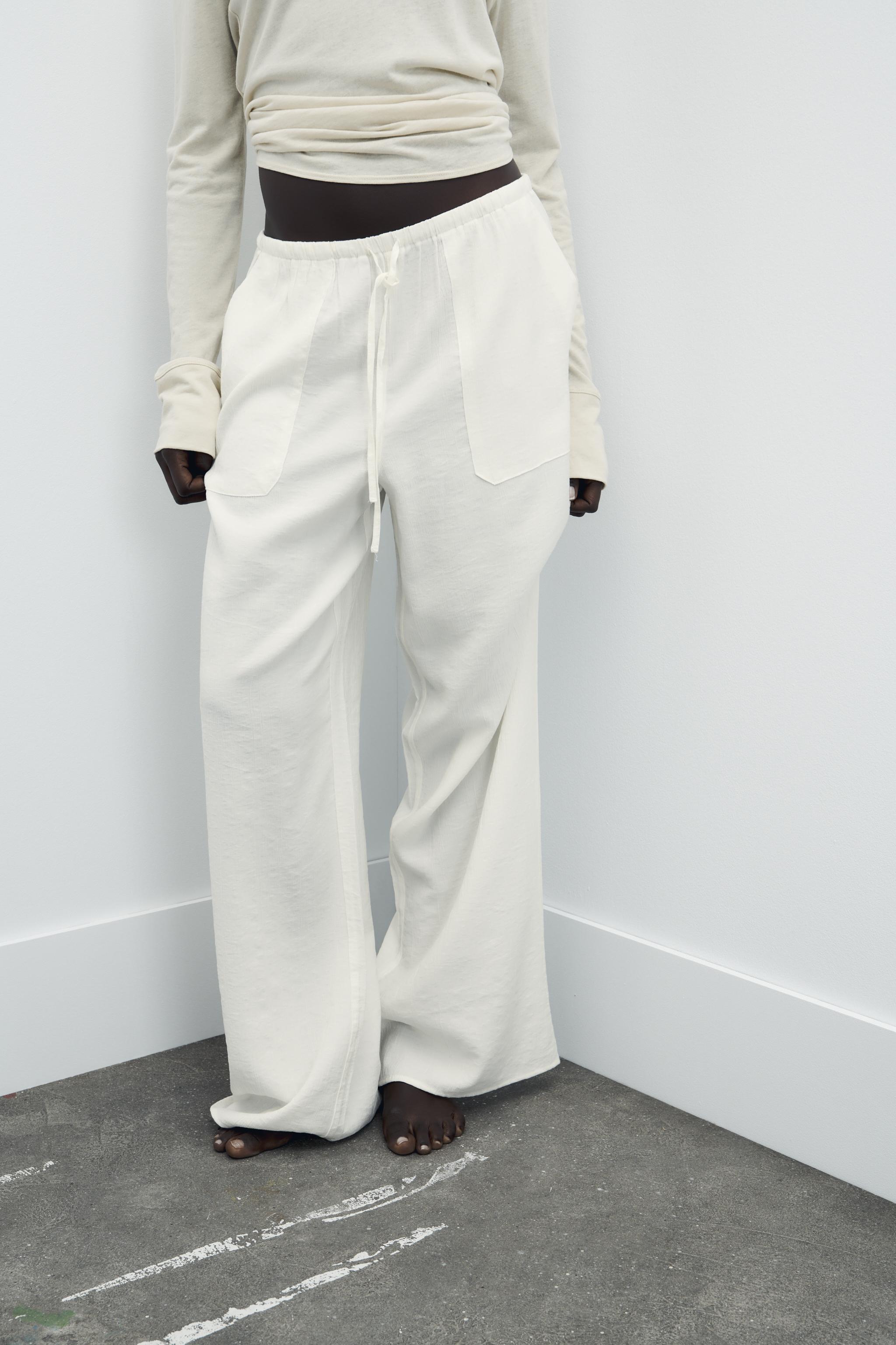 TEXTURED HIGH-WAIST TROUSERS - Oyster-white
