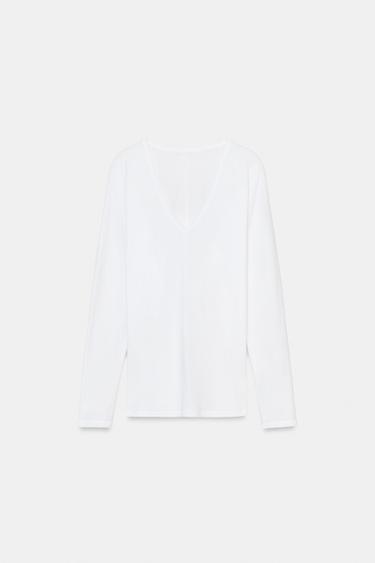 Zara COTTON V-NECK T-SHIRT - White