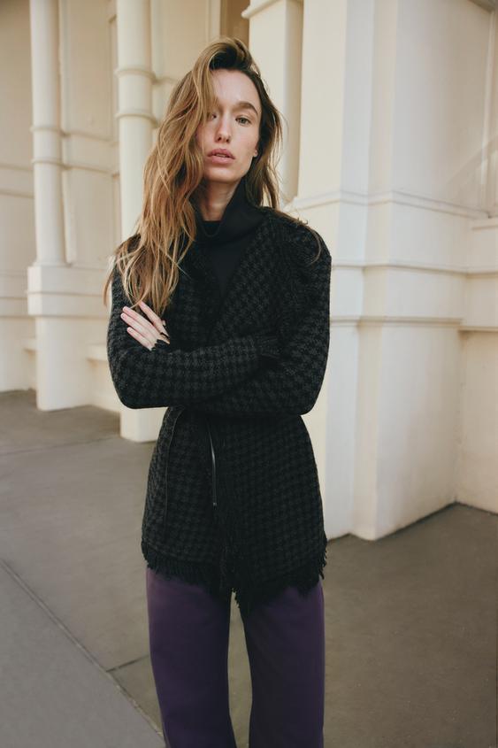 VESTE EN MAILLE Pied-de-poule CEINTURE - Noir de Zara - Image 1
