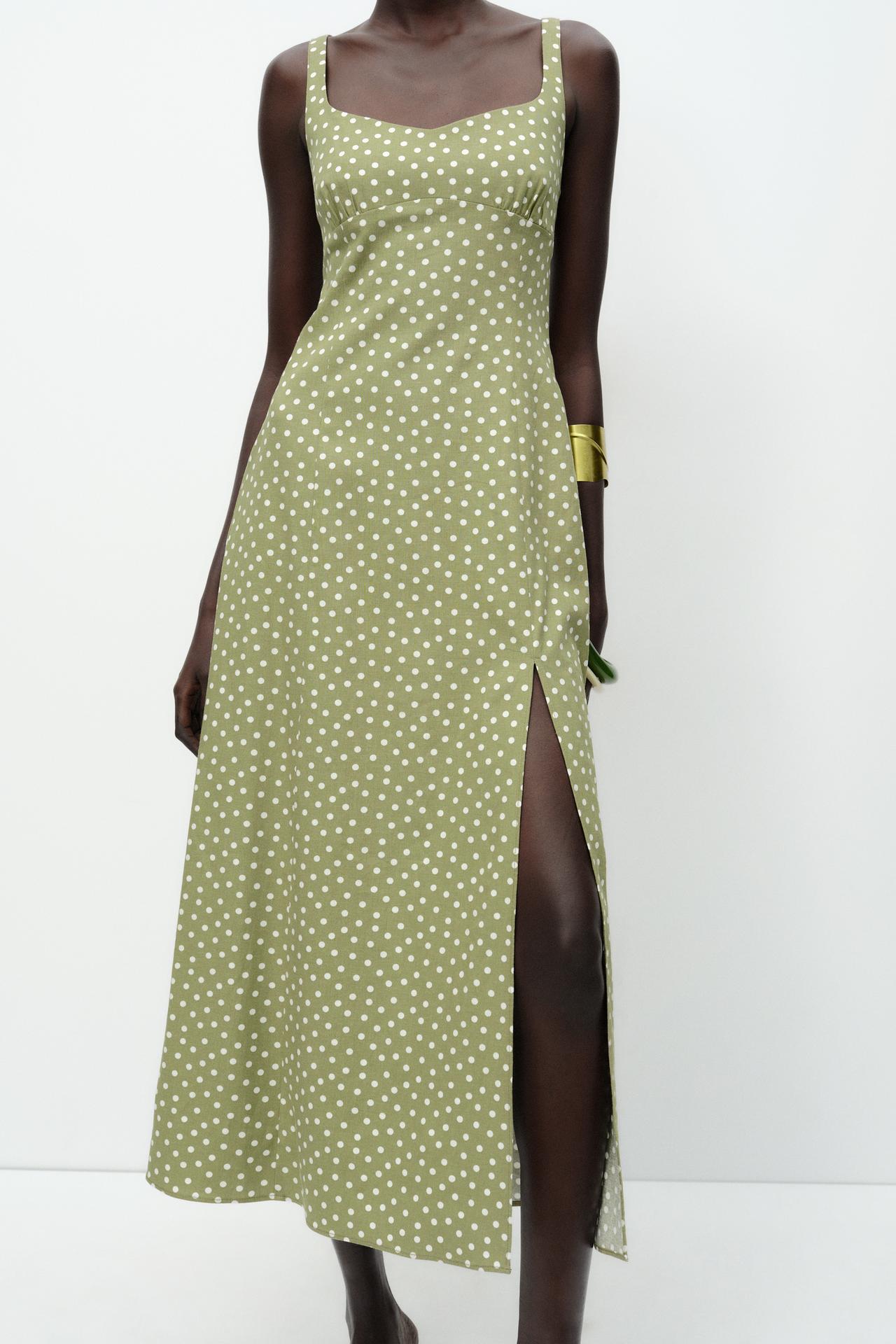 LINEN BLEND POLKA DOT MIDI DRESS