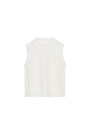 Zara ZW COLLECTION EMBROIDERED SLEEVELESS TOP - Ecru
