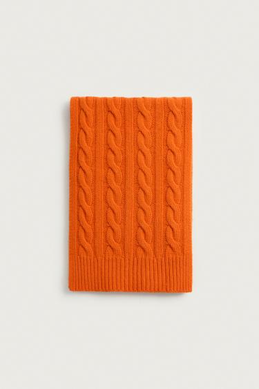 WOOL BLEND CABLE KNIT SCARF — Orange 1