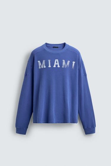 Zaras VÅFFLAD T-SHIRT MED MIAMI-TRYCK - Blå