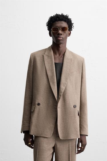 Zara STRIPED TEXTURED SUIT BLAZER - Mink brown