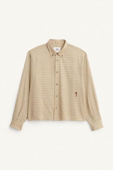 Zara LIMITED EDITION PLAID CROPPED FIT SHIRT - Ecru / Brown