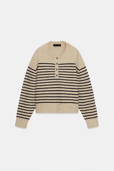 PULL EN MAILLE À RAYURES - Beige / Bleu marine de Zara - Image 5
