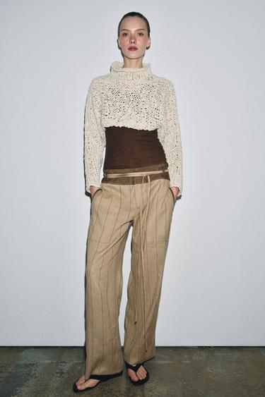 Zara ZW COLLECTION 拼接亞麻長褲 - 中駝色