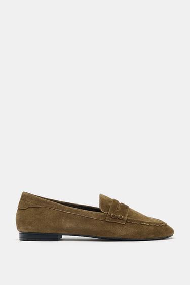 STITCHED SPLIT SUEDE LOAFERS - Dark tan by Zara
