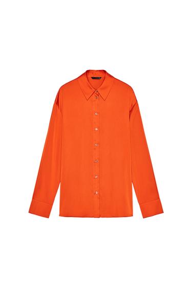 Front view of orange button-down shirt with classic collar