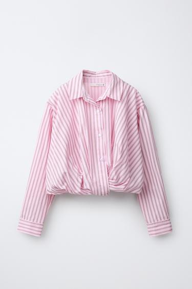 Zara STRIPED CROPPED SHIRT - Pink