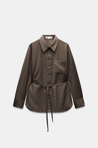 ZW COLLECTION BELTED SHIRT - Brown marl by Zara