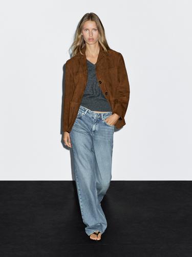 Zara Suede leather blazer with topstitching - Brandy