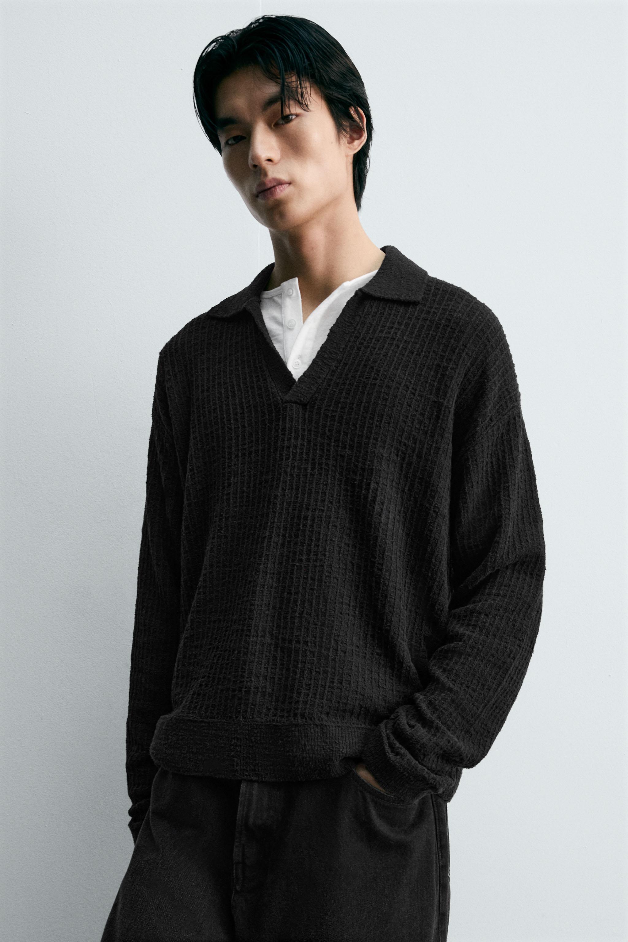 ホロロ ジオメトリック柄ニットポロシャツ - ブラック | ZARA Japan / 日本