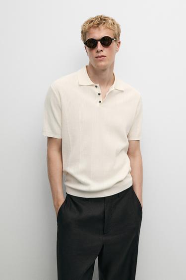 Zara 100% cotton textured striped knit polo shirt - Ecru