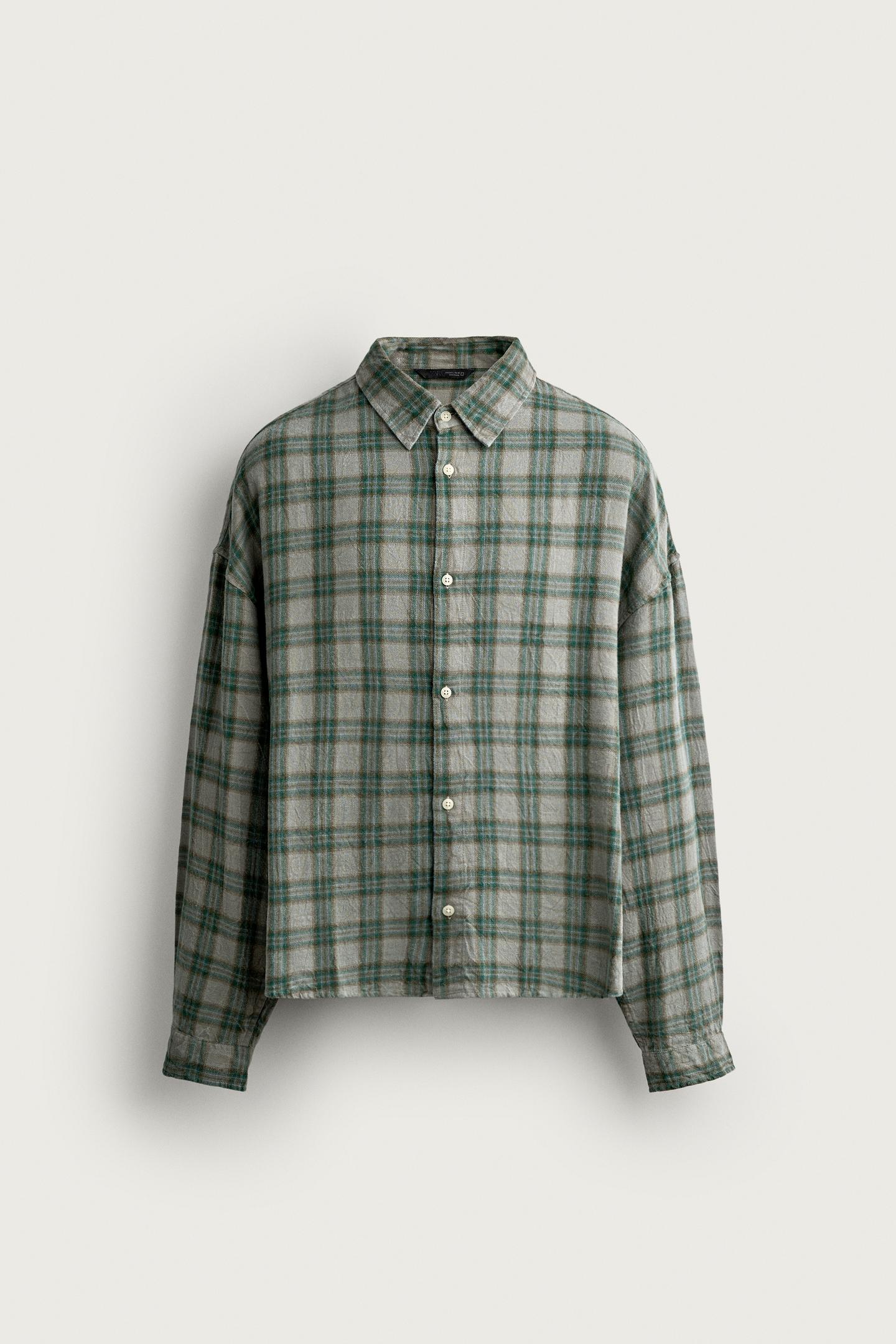 Мужская рубашка Zara Cropped Plaid, цвет: Зелёный — фото 7