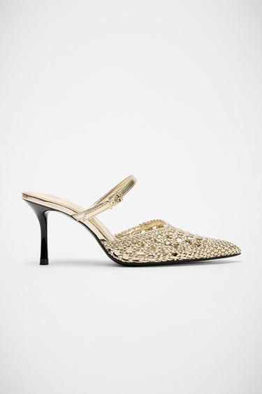 Zara METALLIC BRAIDED SLINGBACK HEELS - Gold