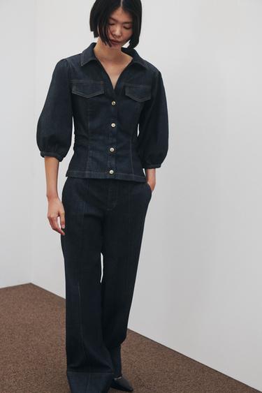 Z1975 슬림핏 데님 퍼프 슬리브 셔츠 - Zara 블루