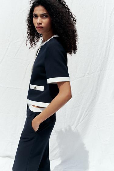 PANTALON DROIT TAILLE CONTRASTÉE - Bleu marine de Zara - Image 3