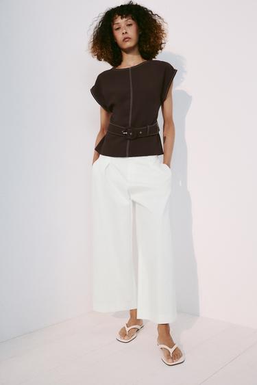 Zara CONTRAST TOPSTITCH BELTED TOP - Brown