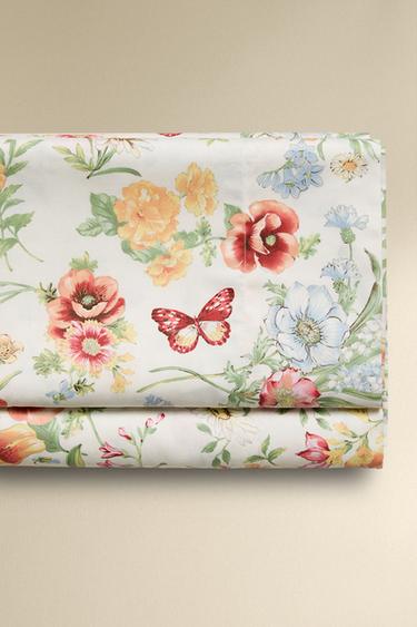 SÁBANA PLANA SATÉN ESTAMPADO FLORAL - Blanco roto de Zara