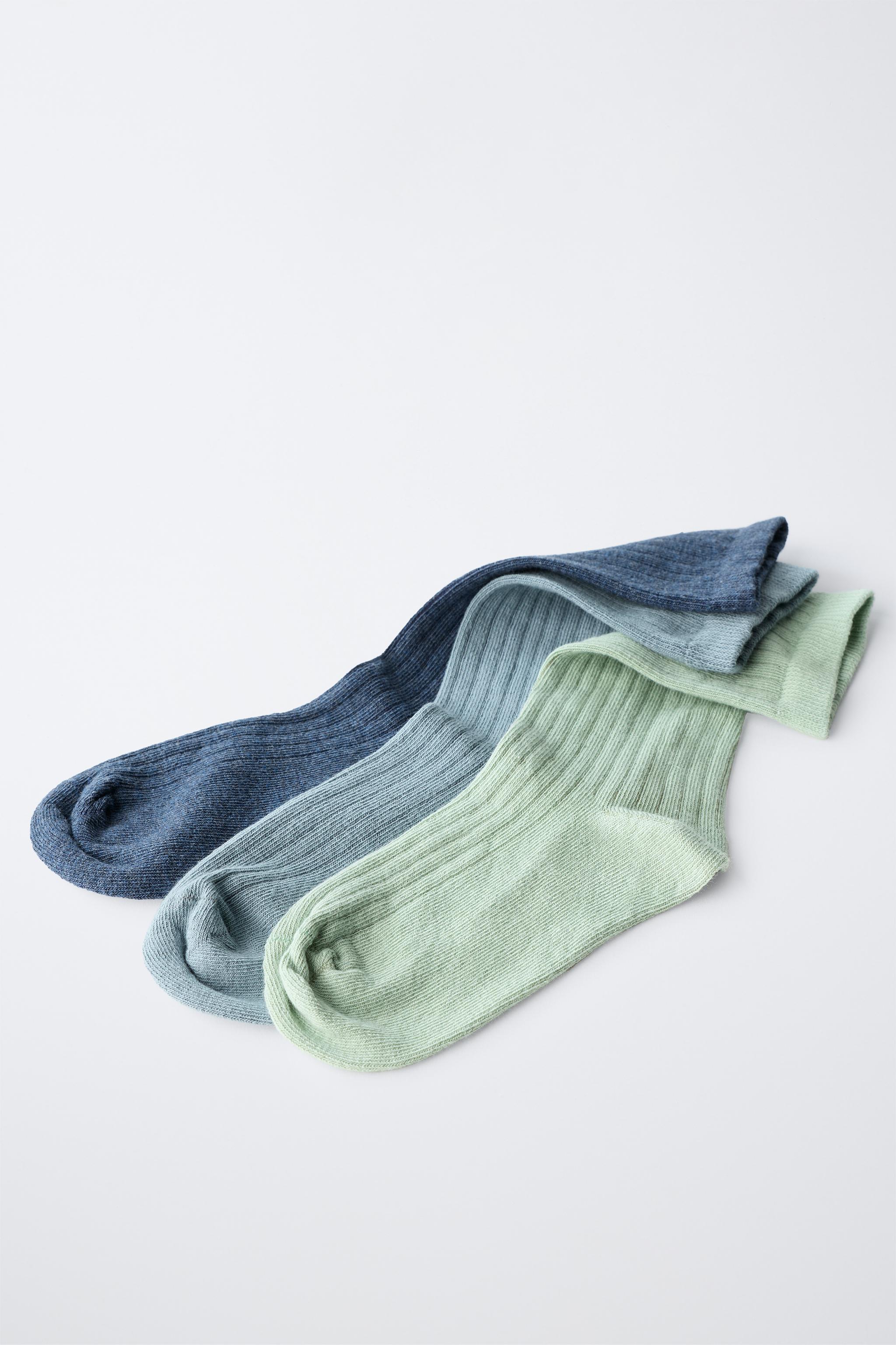 THREE-PACK RIBBED MID-CALF SOCKS — Blue / Green
