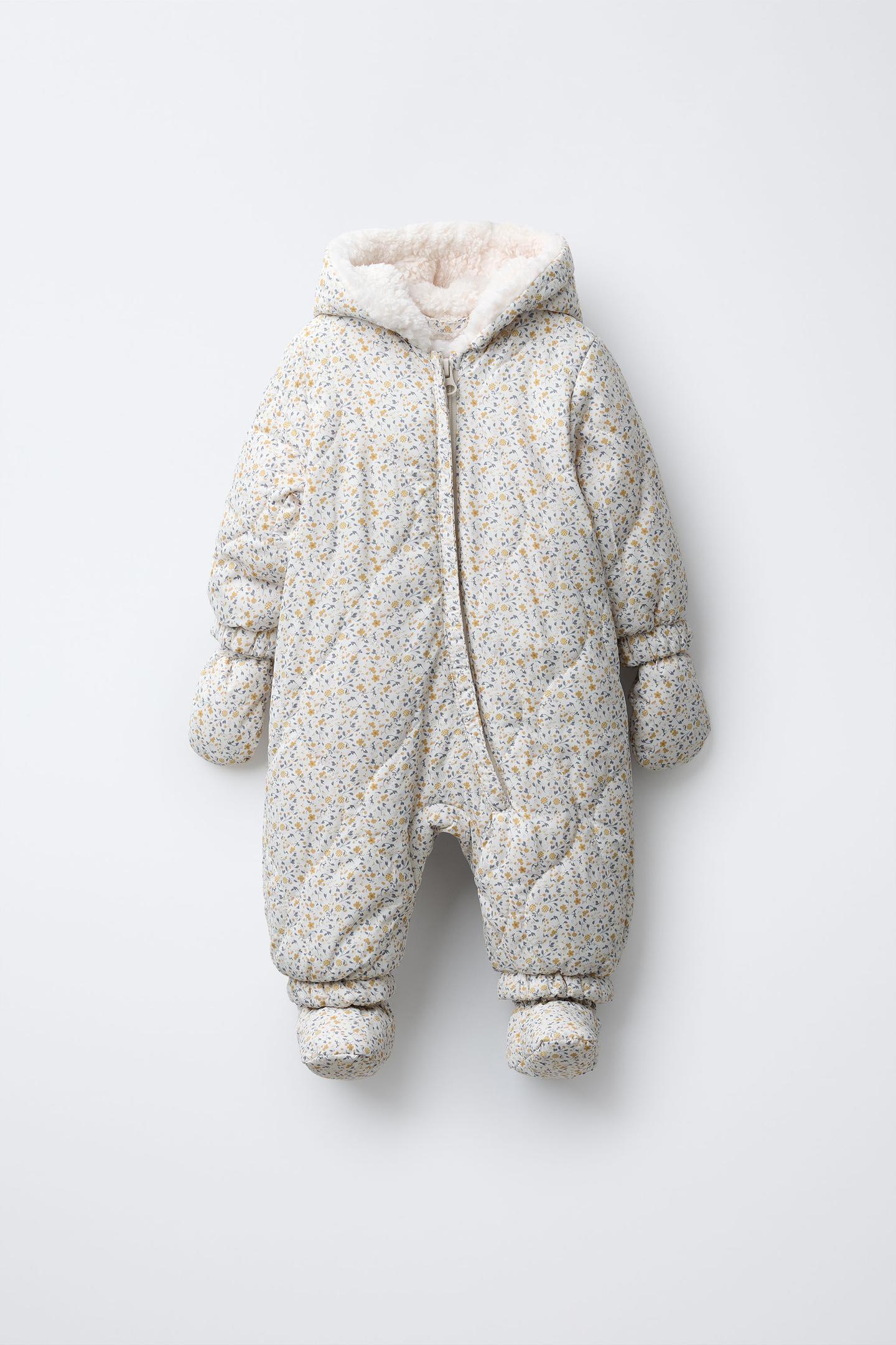 ナイロン製カバーオール、取り外し可能なミトンとブーティ付き、フラワー柄