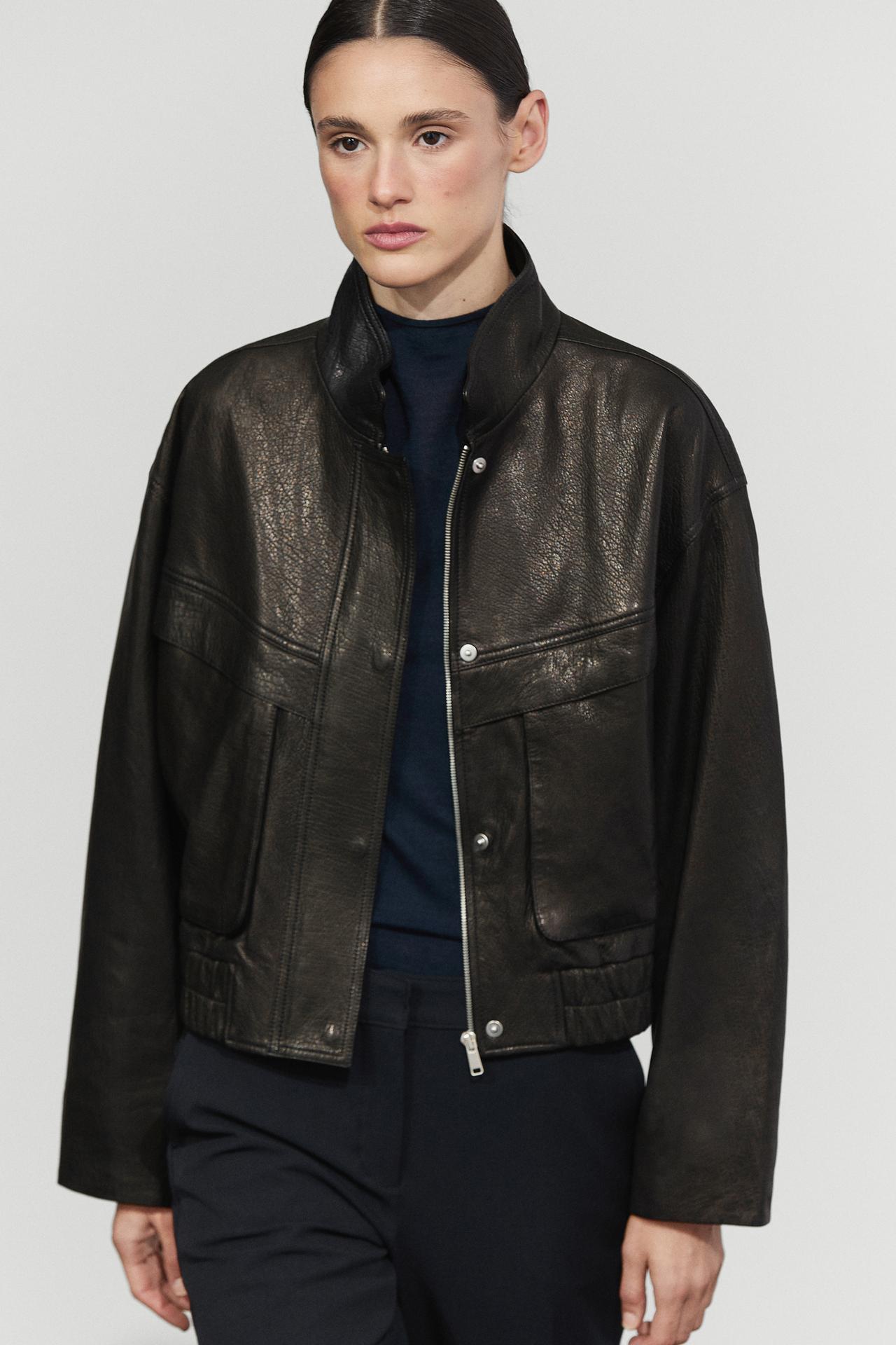 Short high collar Nappa leather jacket — Black