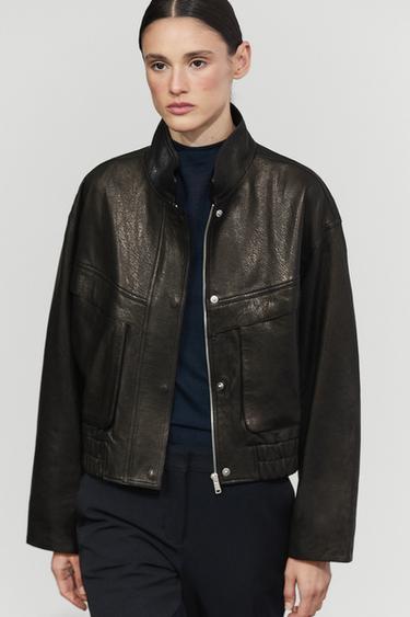 Short high collar Nappa leather jacket — Black 2