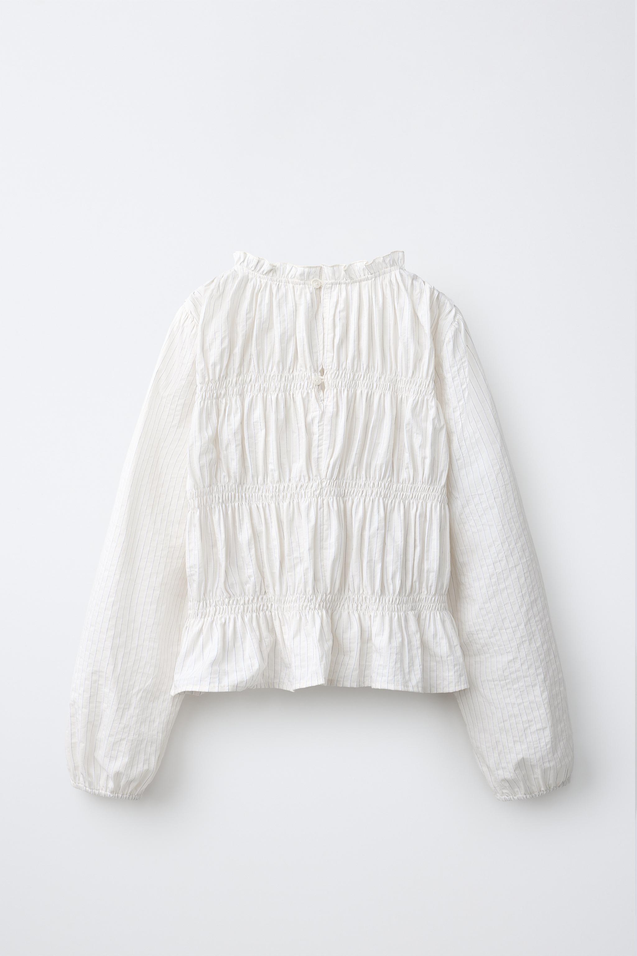 STRIPED RUCHED BLOUSE — Vanilla
