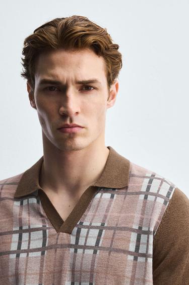 CHECK PRINT KNIT POLO SHIRT - Dark beige by Zara