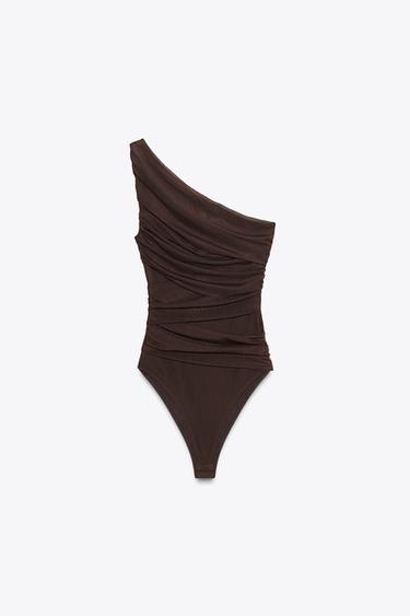 BODY EN TULLE DRAPÉ ASYMÉTRIQUE - Marron foncé de Zara - Image 2