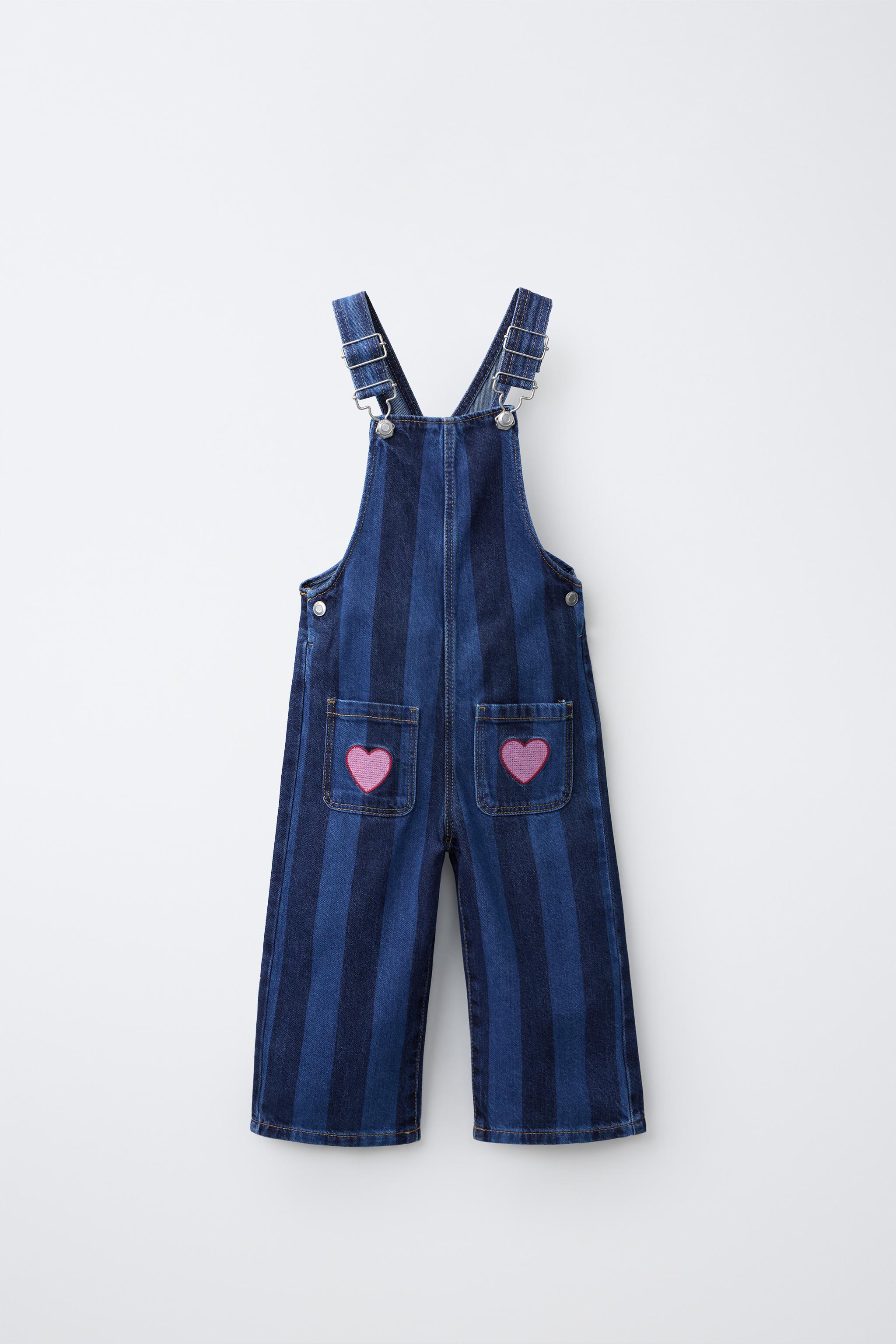 STRIPED HEART DENIM OVERALLS — Blue