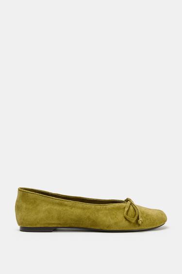 SUEDE BALLERINAS WITH BOW - Green by Zara - Image 0
