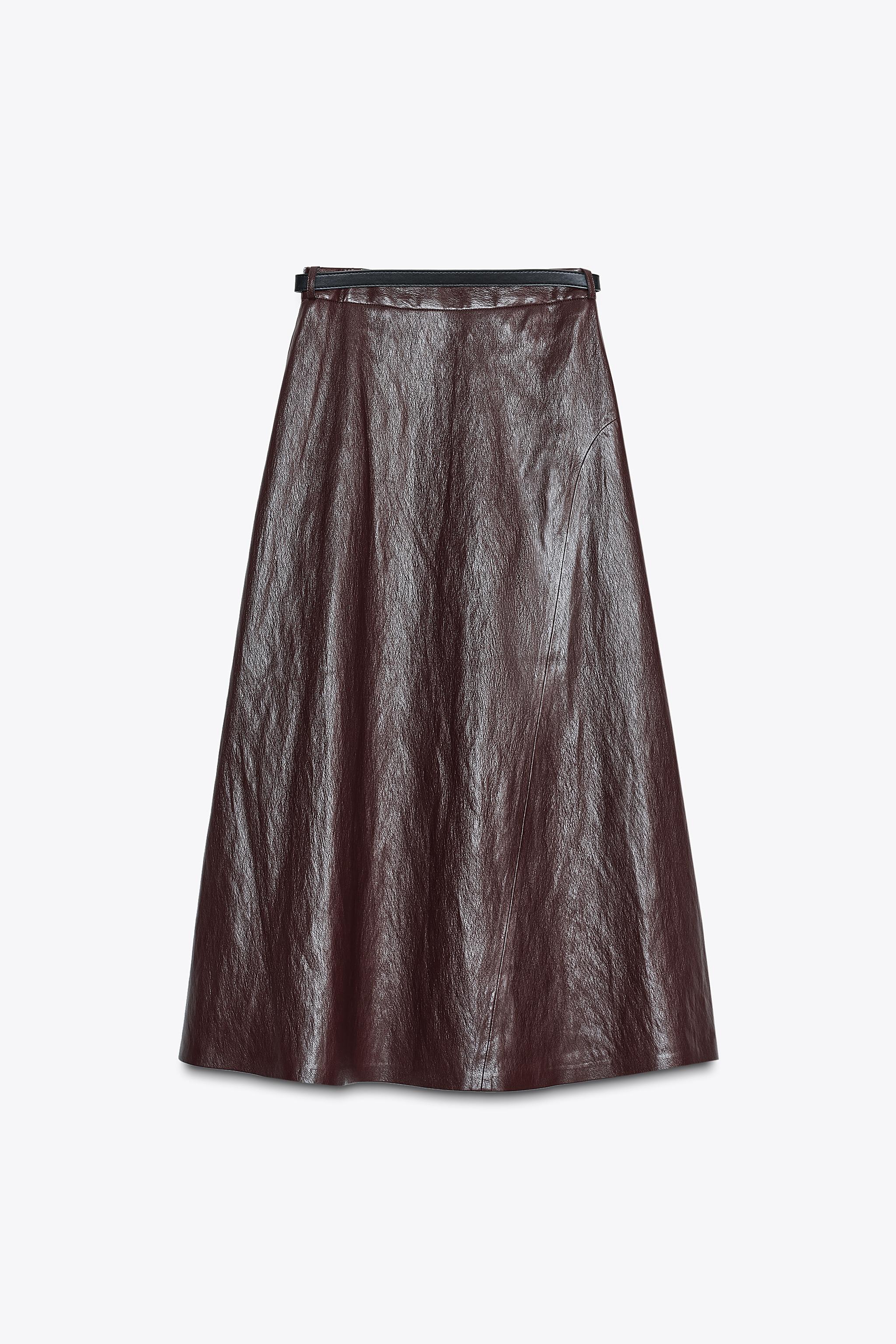 FAUX LEATHER BELTED MIDI SKIRT