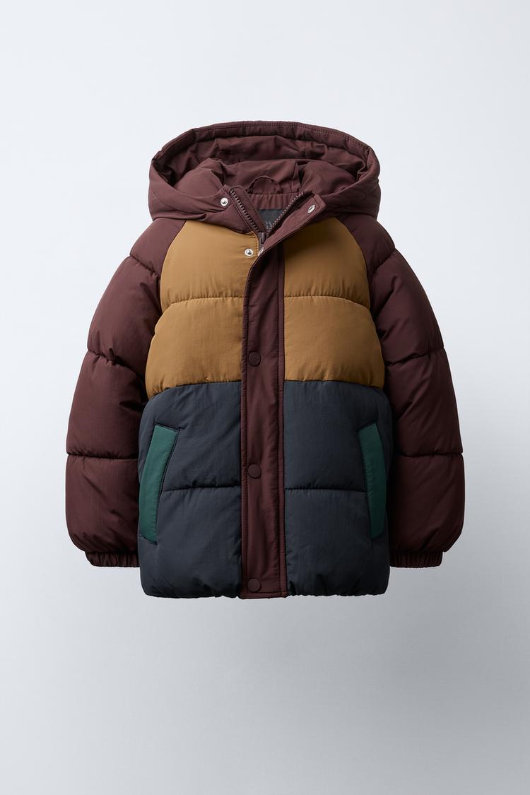 COLOUR BLOCK WATER-REPELLENT FLEECE PUFFER COAT Navy blue ZARA