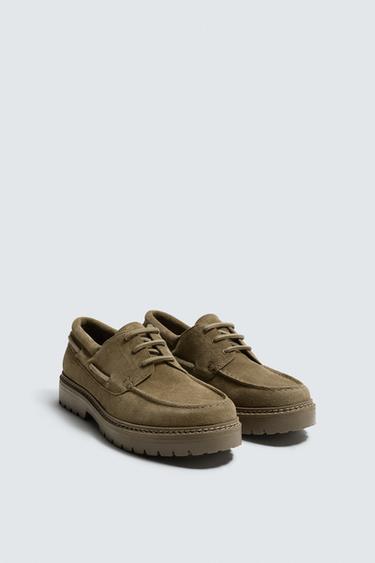 LEATHER DECK SHOES - Taupe Grey by Zara