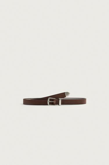 Zara LEATHER BELT WITH METAL TIP - Brown