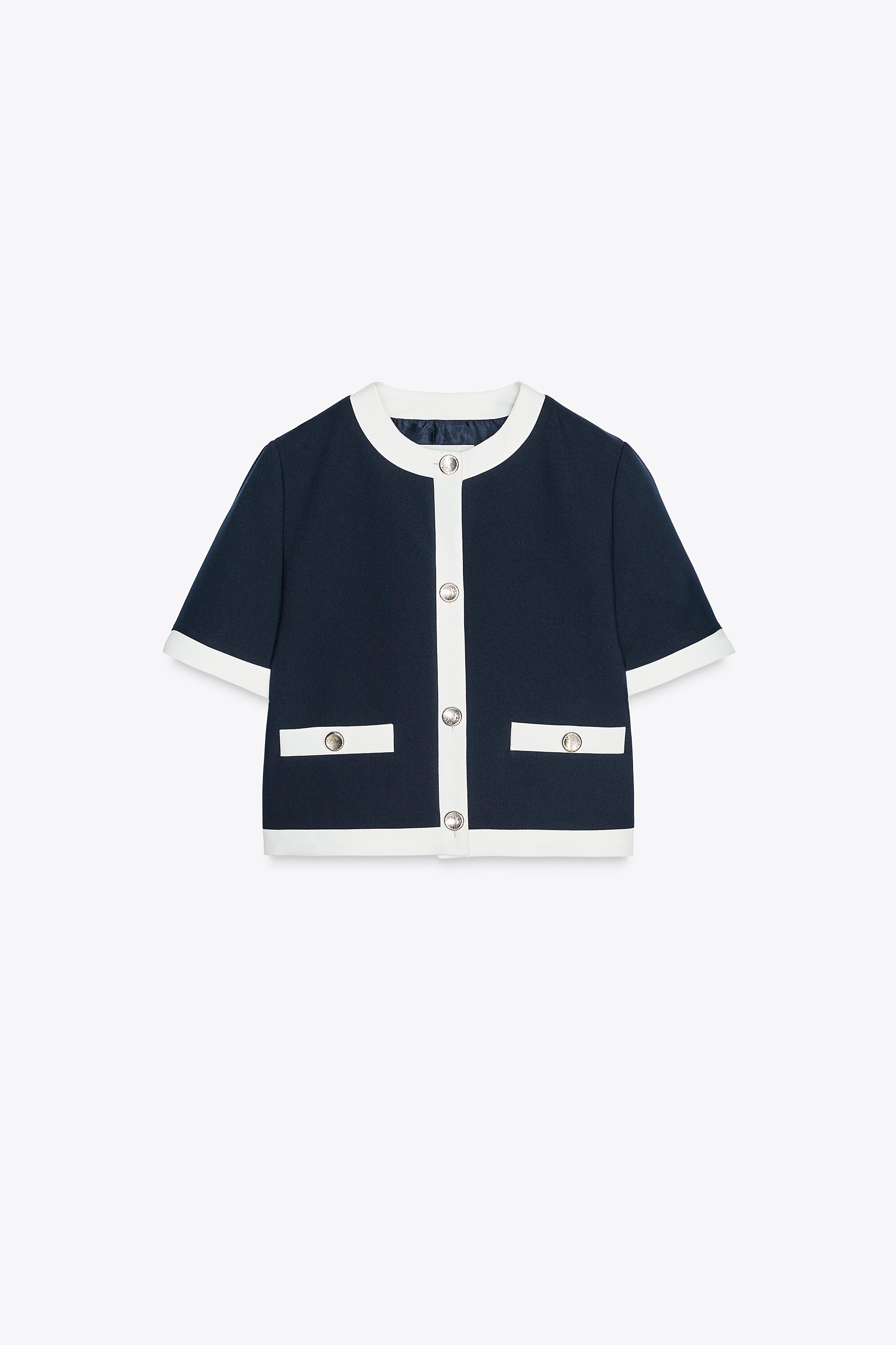 【ZARA】コントラストトリム入りショートスリーブブレザー コントラストトリム入りショートスリーブブレザー - ネイビー