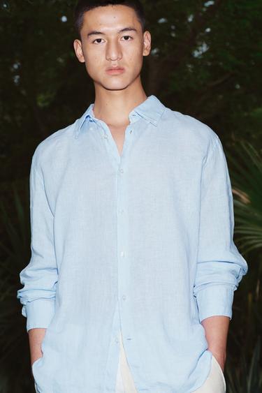 100% LINEN REGULAR FIT SHIRT - Sky blue by Zara
